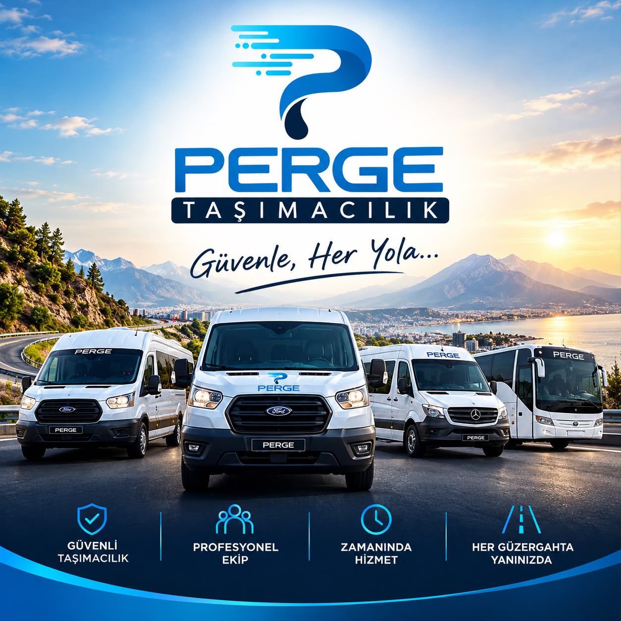 Perge Taşımacılık afişi. Slogan: Güvenle, her yola. Güvenli taşımacılık, profesyonel ekip, zamanında hizmet, her güzergahta yanınızda.